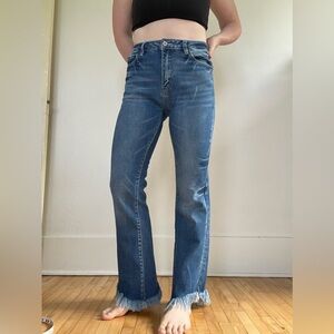KanCan Medium Blue Frayed-Hem Flare Jeans